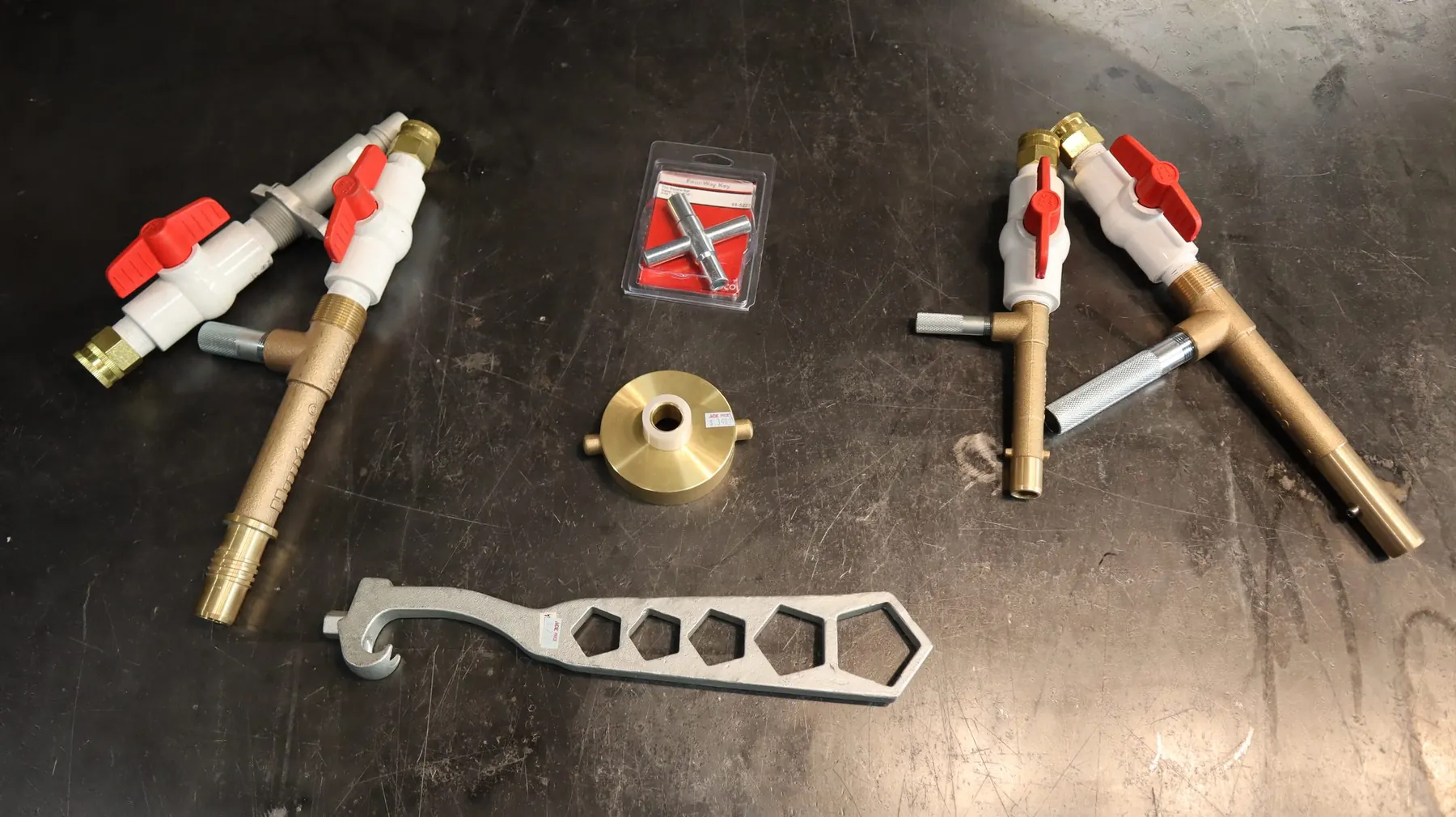 Water key set with valves, fittings, and wrench